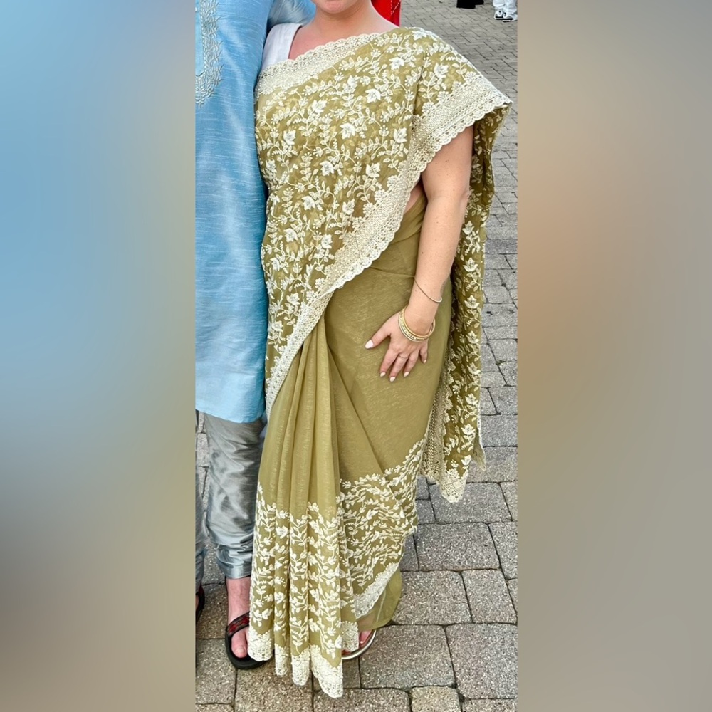Green Embroidered Saree, top material still attached!